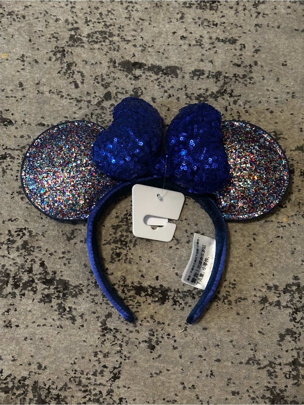 NWT Disney Parks Confetti Multi Glitter Minnie Mouse Ears Royal Blue Sequin Bow